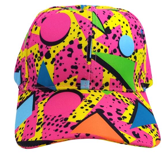 90s Retro Geometric Funky NEON Strapback Cap Hat Vintage Good Condition - Picture 1 of 4